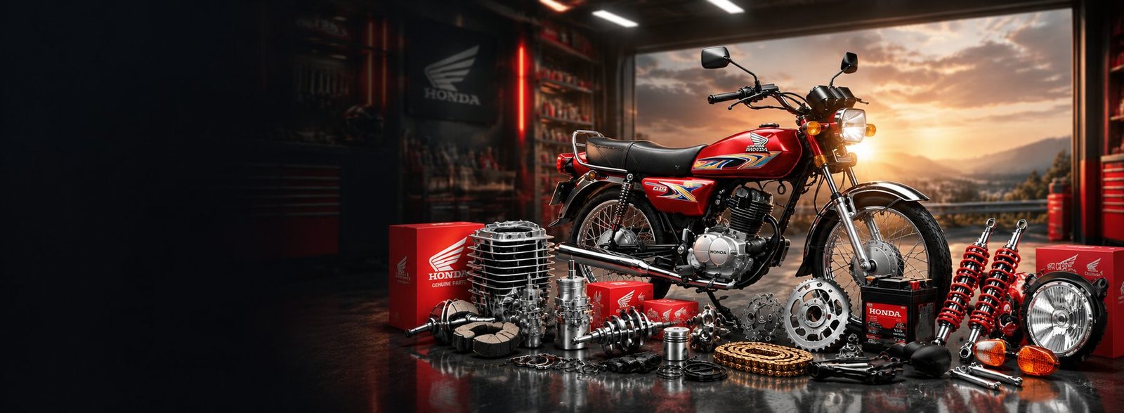 MT Traders hero: motorcycle under bright workshop lighting with spare parts